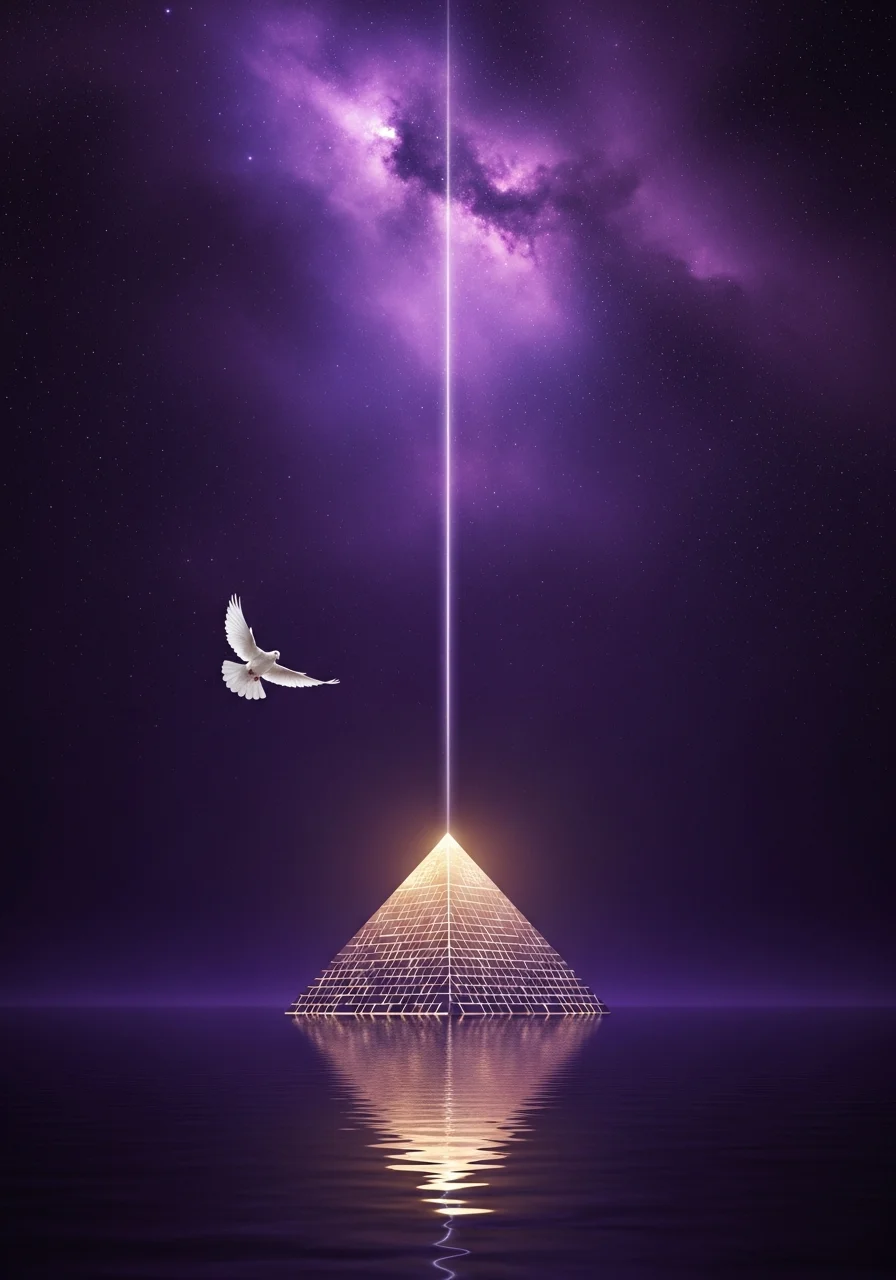 Leuchtende Pyramide im violetten Kosmos mit Lichtstrahlen, Wolken und Sternen — eine kleine weiße Taube fliegt auf die Pyramide zu