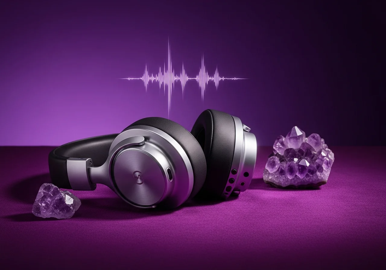 Premium-Kopfhörer auf Amethyst-Samt mit sanftem violettem Licht