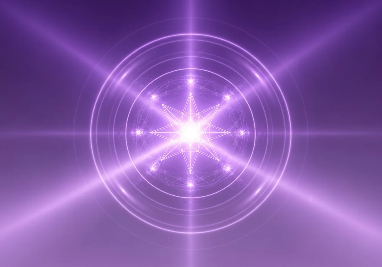 Abstrakte Bewusstseinsvisualisierung mit violetten Lichtringen und heiliger Geometrie